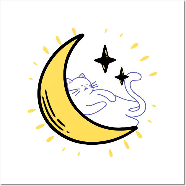 Cute cat sleep on the moon aesthetic illustration Wall Art by FRH Design